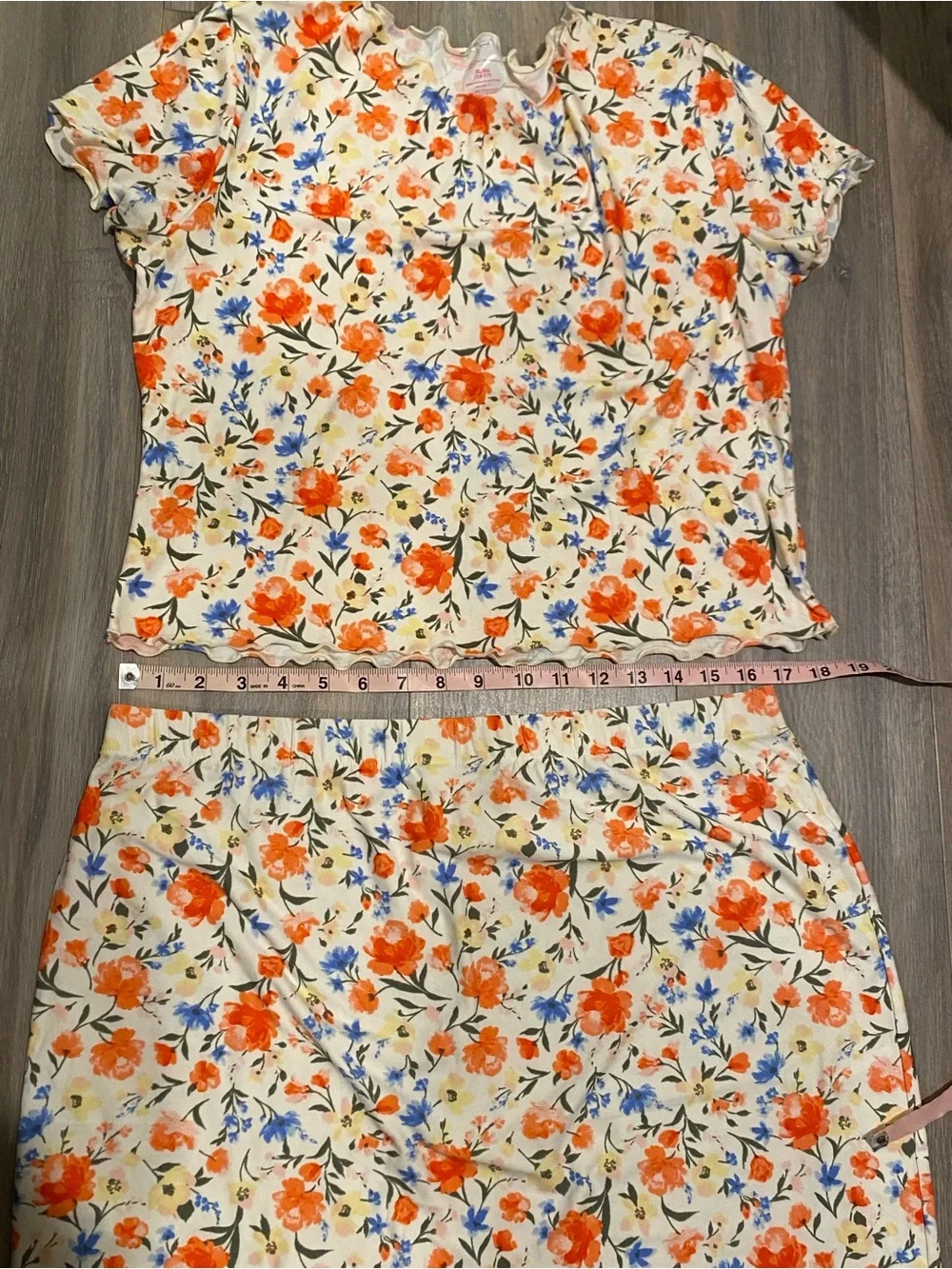 Floral Two-Piece Crop Top and Skirt Set - Orange & Blue Flowers